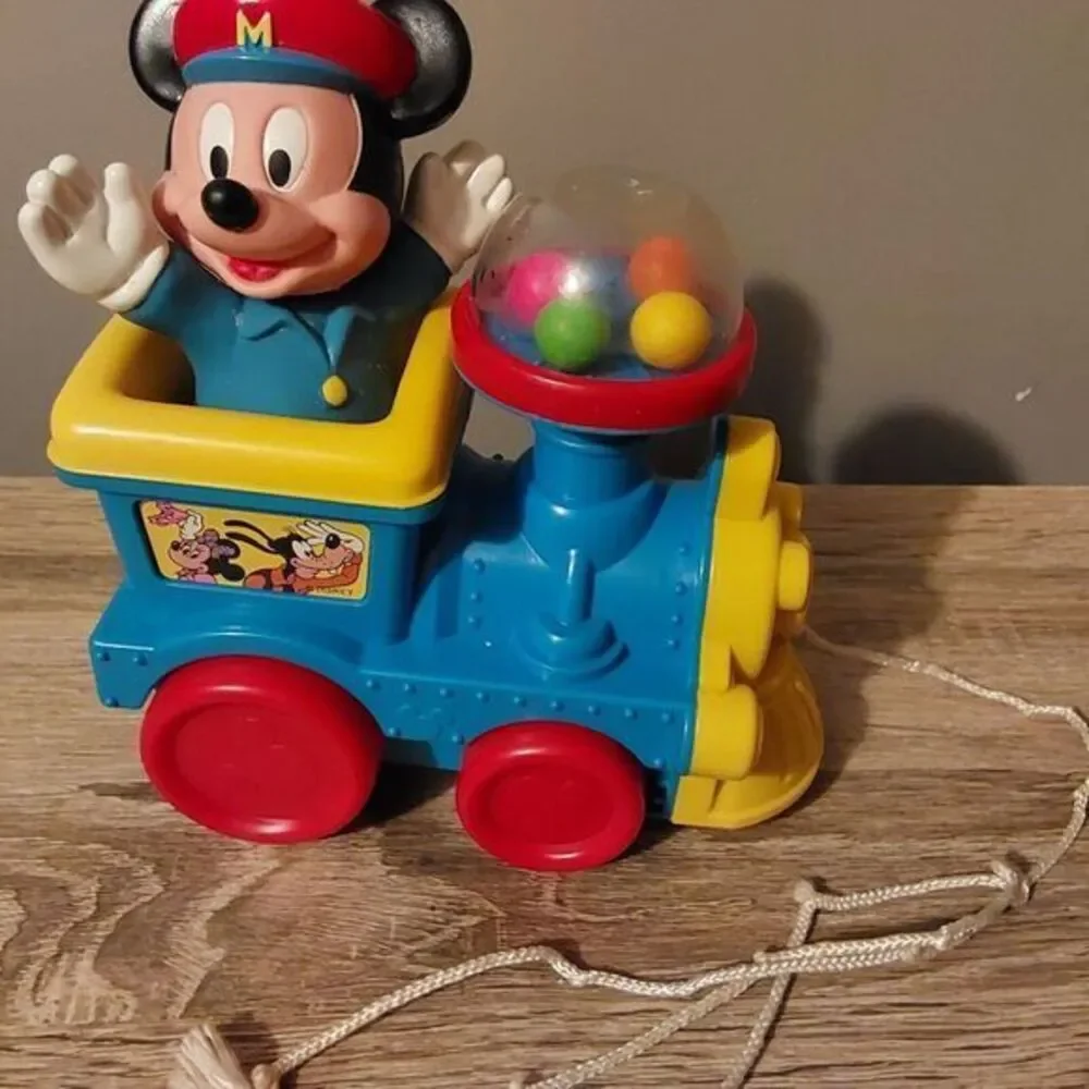 Vintage Plastic Disney Mickey Mouse on Train Pull‎ Toy Balls Pop Up when pulled